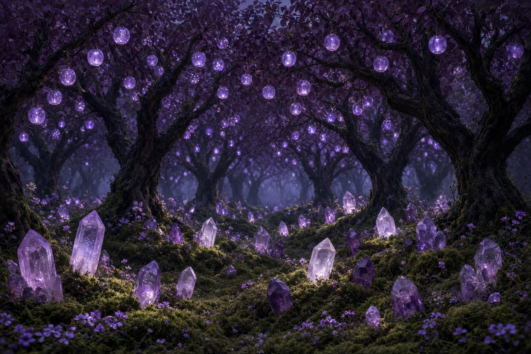 Purple apple trees and crystal light in the Living Gardens.