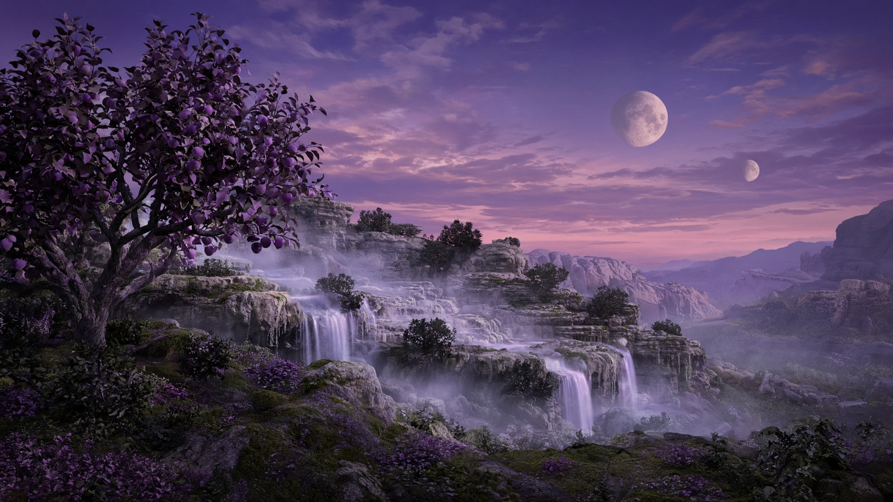 Violet dusk on Haven 8, two moons above waterfalls and purple apple trees.