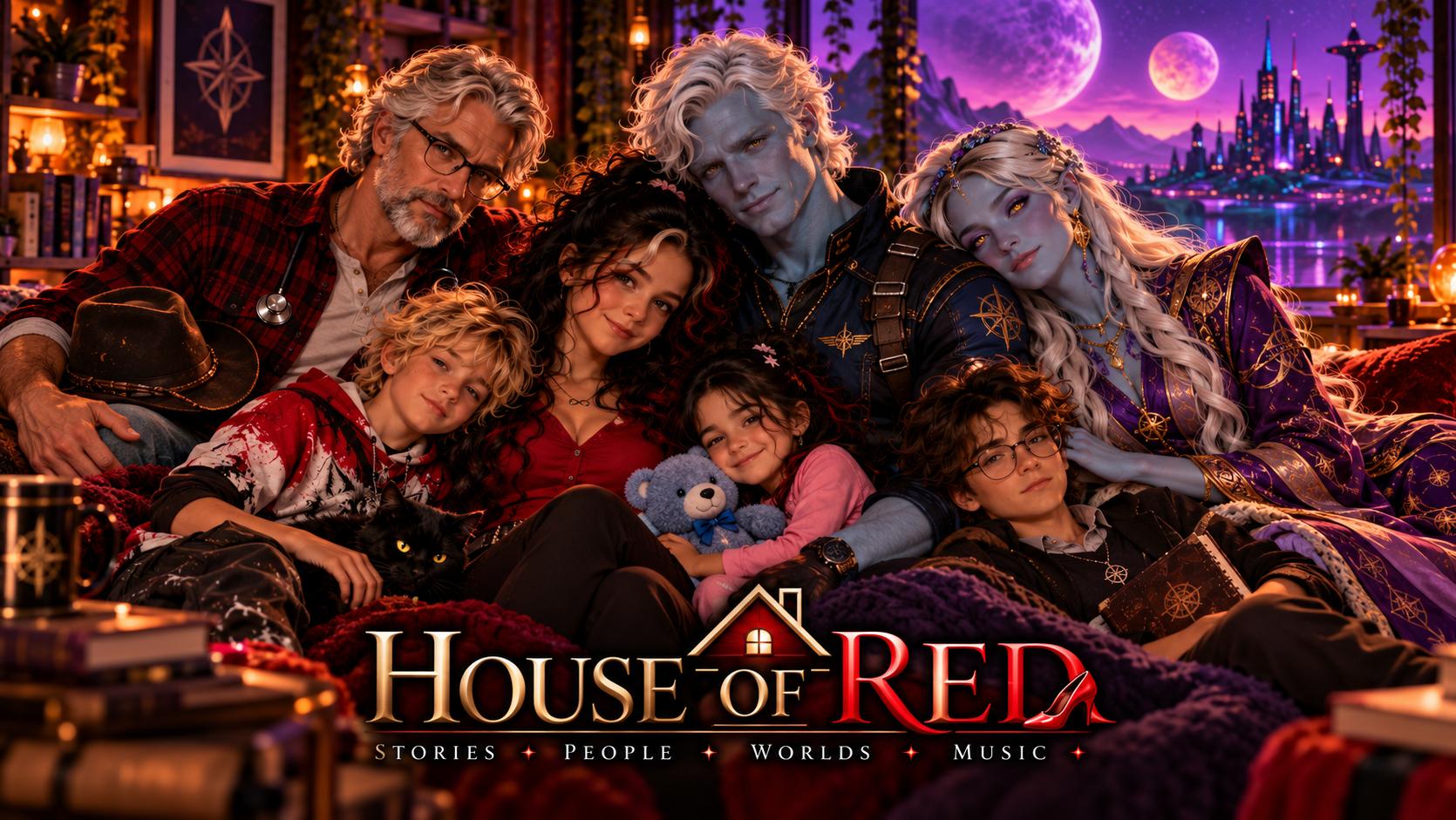 House of Red. The family together in a warm room, Haven’s two moons and city beyond the window. Stories, people, worlds, music.