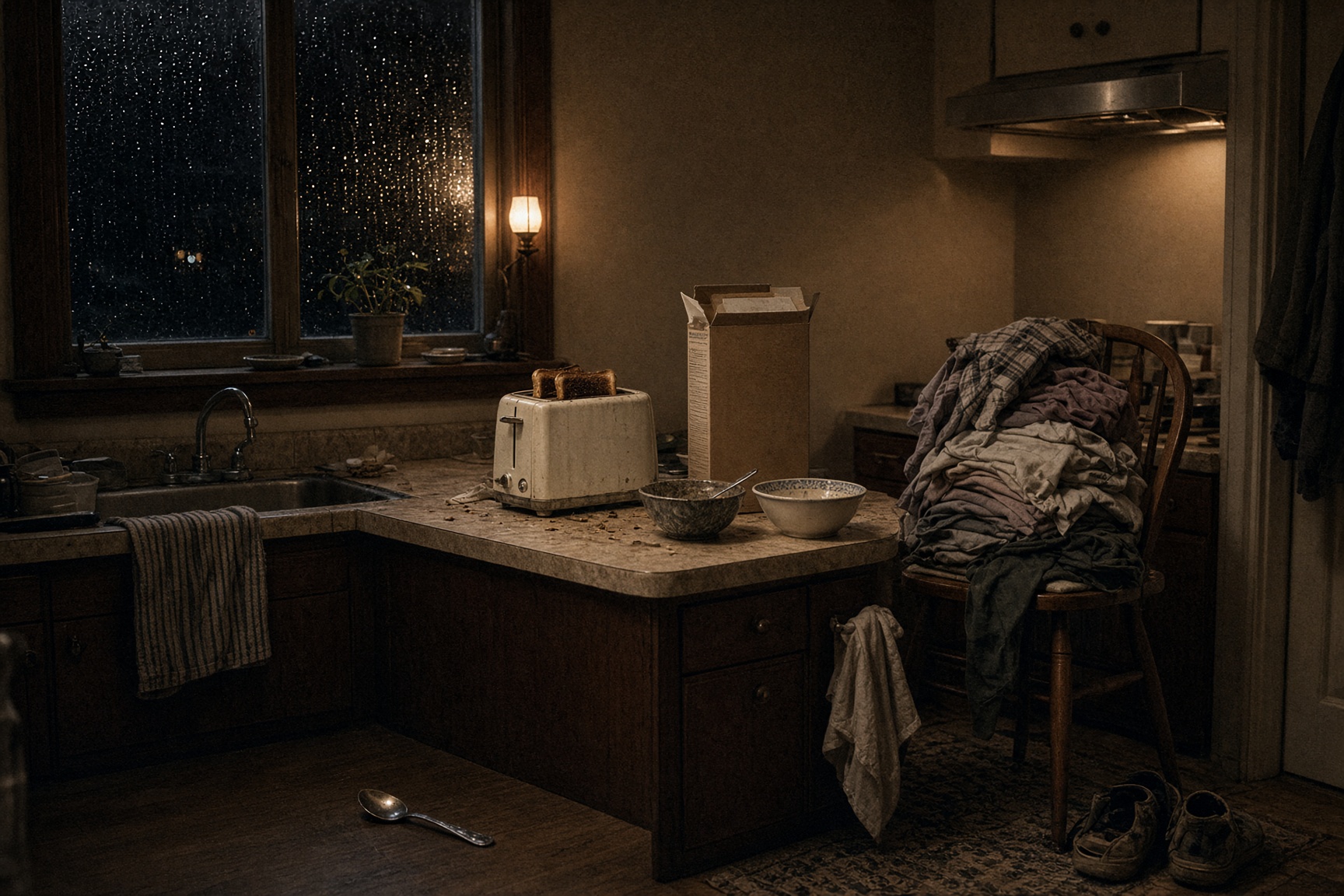 A messy kitchen at night, toast in the toaster and rain on the window.
