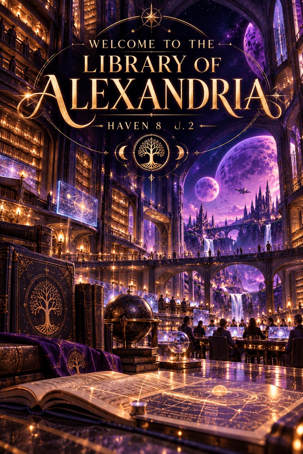 The Library of Alexandria in Haven 8, Universe 2, opening onto two moons.
