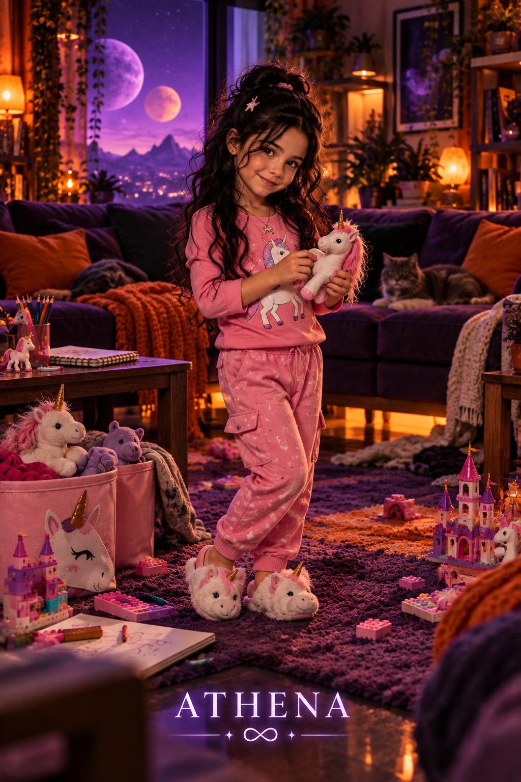 Athena in pink unicorn pajamas.