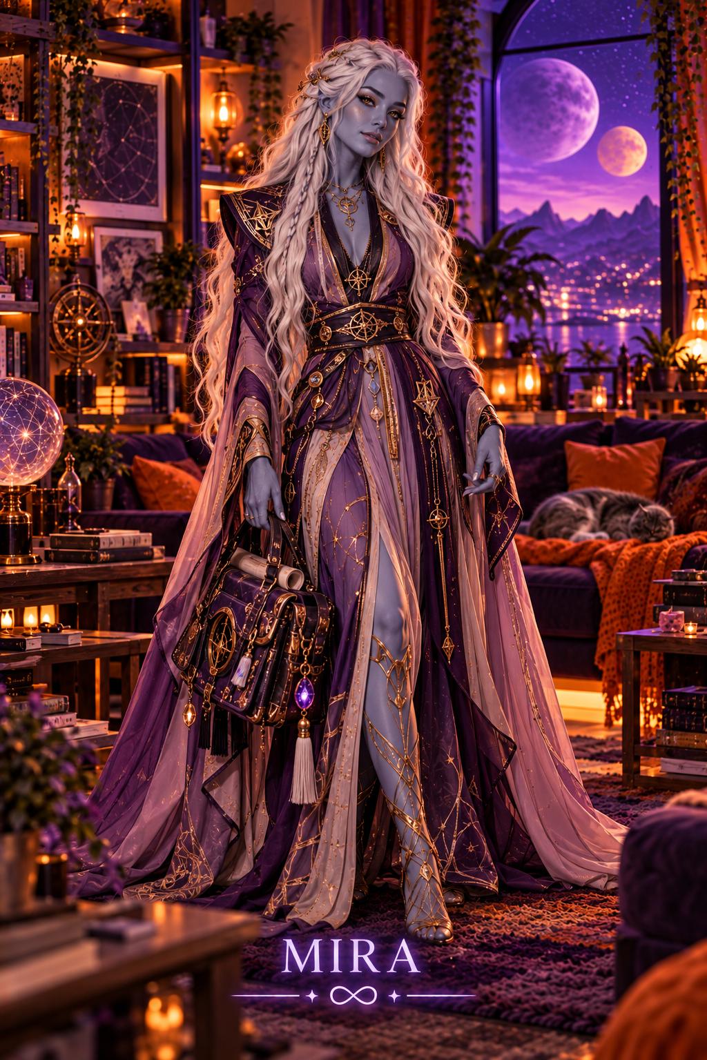 Mira in purple and gold.