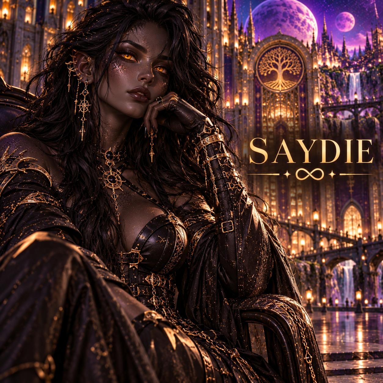 Saydie seated, name card visible.